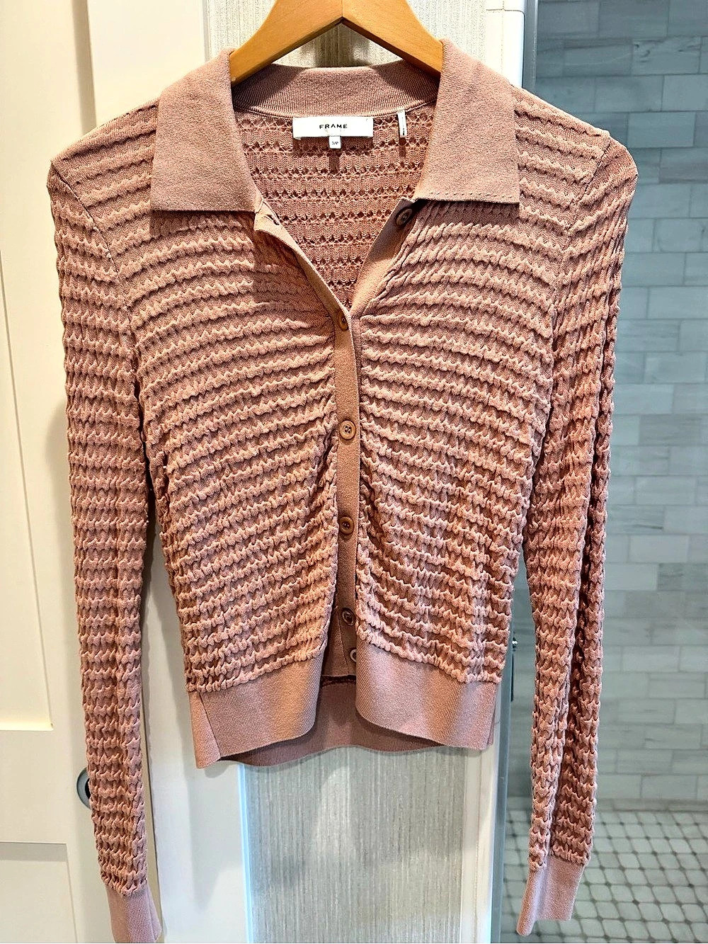 FRAME The Smocked Silk & Cotton Cardigan Pink Small